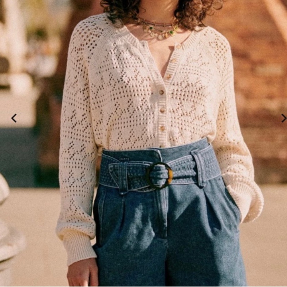 Sezane Cream Knit Pointelle Button Cardigan